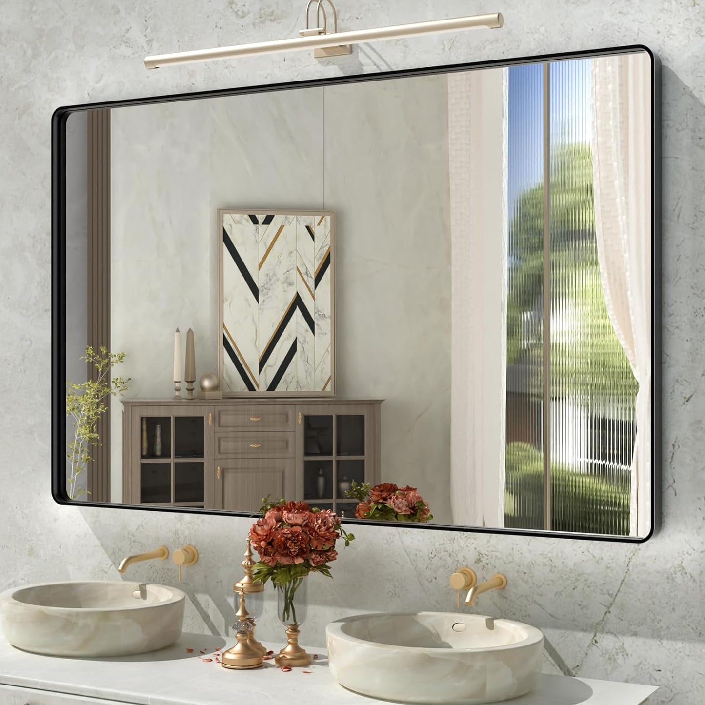 Large Matte Black Bathroom Mirror - 55x36 Inch Rectangle Design