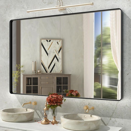 Large Matte Black Bathroom Mirror - 55x36 Inch Rectangle Design