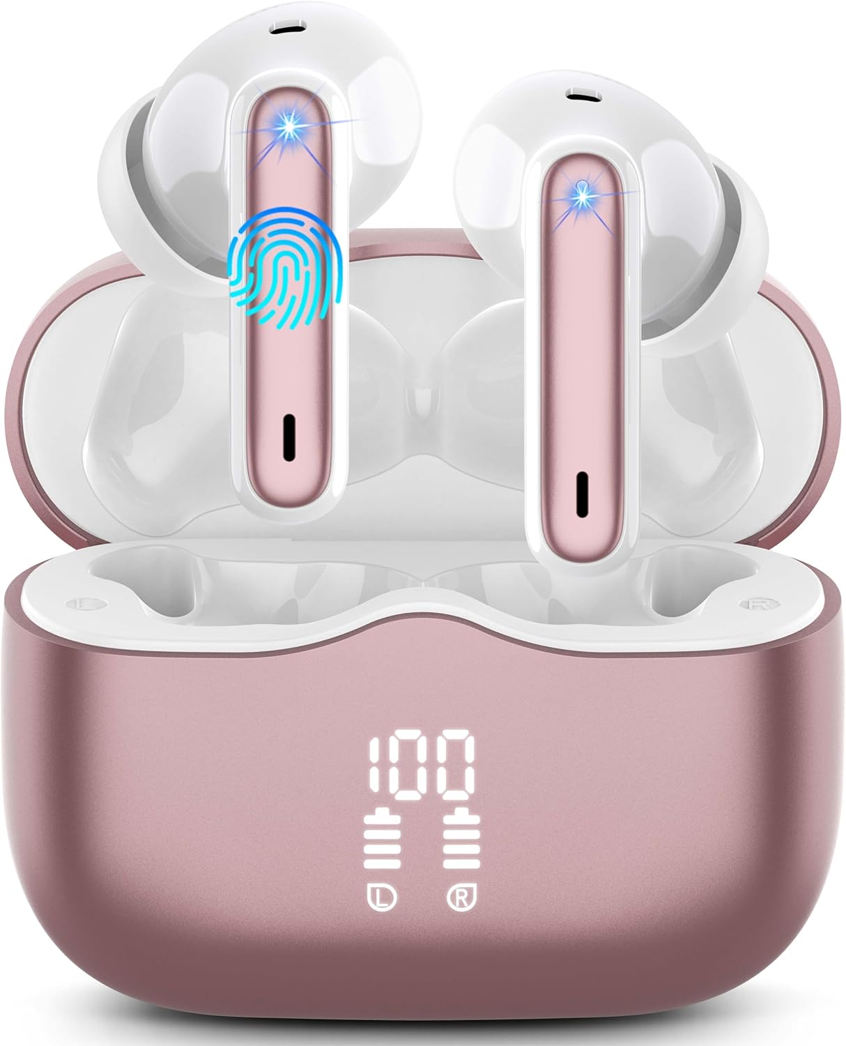 HiFi Stereo Wireless Earbuds, Deep Bass, ANC Mic, 40H Playtime, IP7, Rose Gold