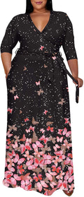 Runwind Plus Size V Neck Maxi Dress for Women - Flowy Belted Style do