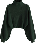 Cropped Turtleneck Sweater Lantern Sleeve Ribbed Knit - Casual