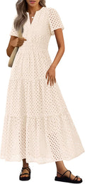 Womens Summer Eyelet Maxi Dress V Neck - Flowy A Line Beachwear