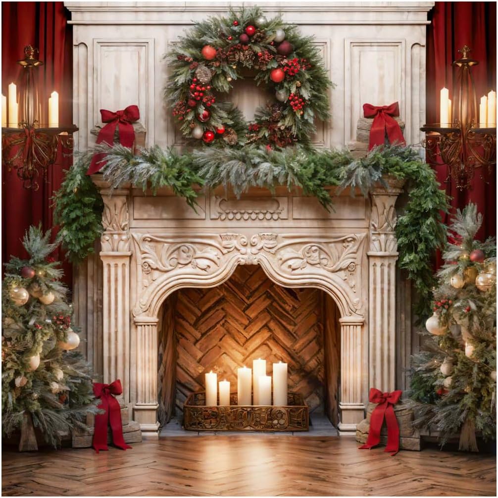10x10ft Classic Christmas Fireplace Backdrop for Photography