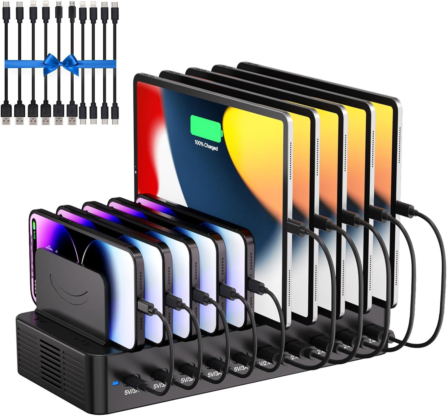 80W Charging Station for Multiple Devices - 10-Port USB Dock