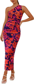 One Shoulder Bodycon Dress - Ruched Floral Midi for Summer Events