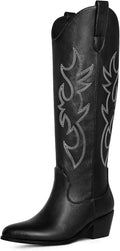 White Cowgirl Knee High Boots Women - Chunky Heel Western Style