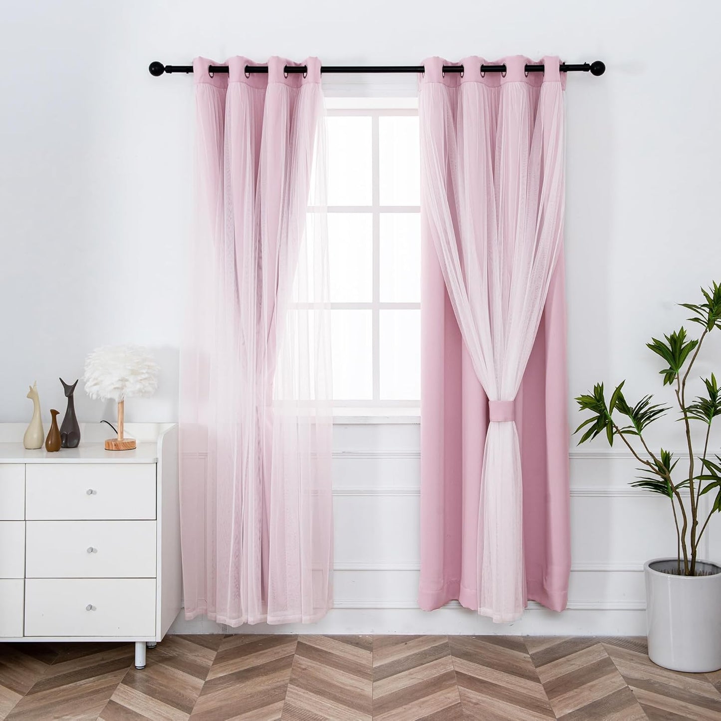 Pale Pink Blackout Curtains with Sheer Overlay for Elegance