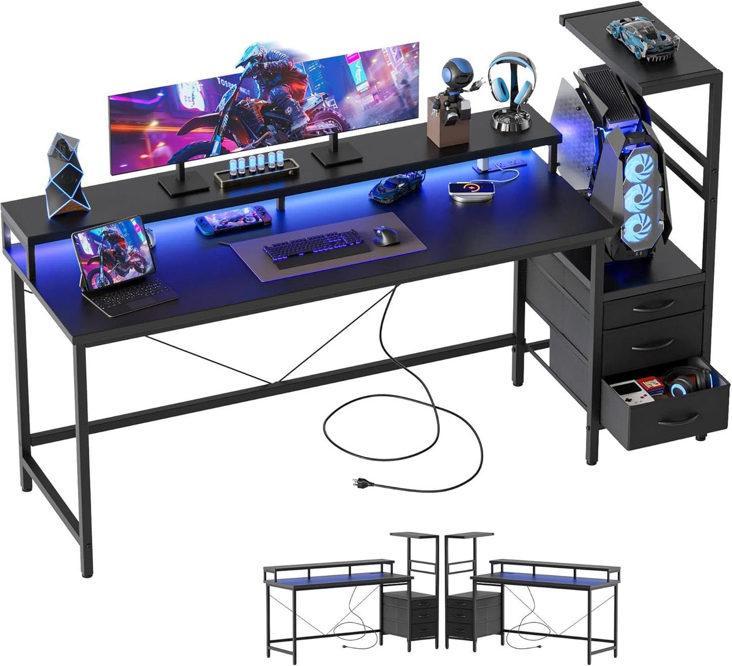 Mericonia Gaming Desk with Storage and LED Lights for Gamers
