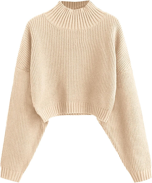 Cropped Turtleneck Sweater for Women with Lantern Sleeves