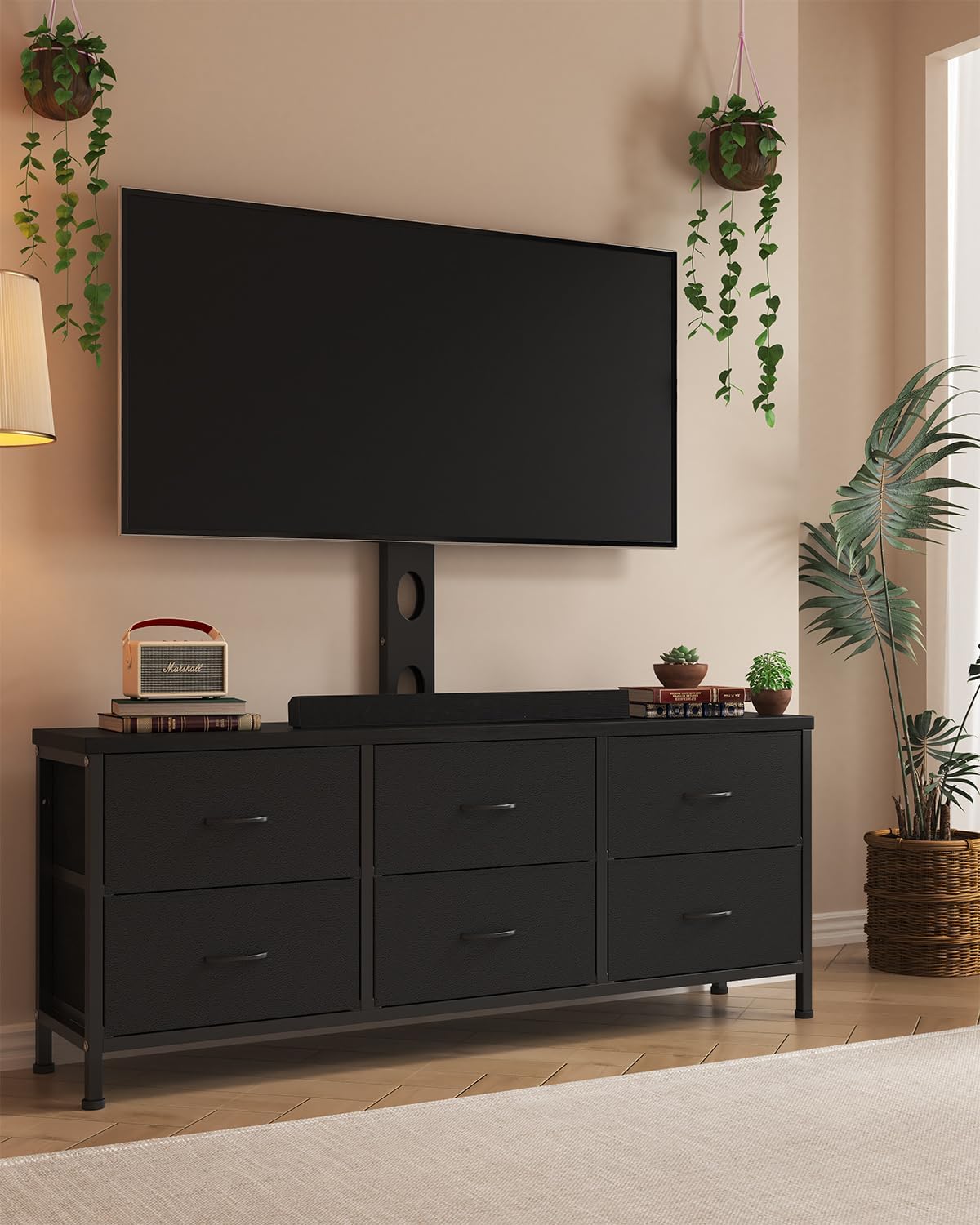 6-Drawer TV Stand with Mount for Various TVs, Modern Black Entertainment Center