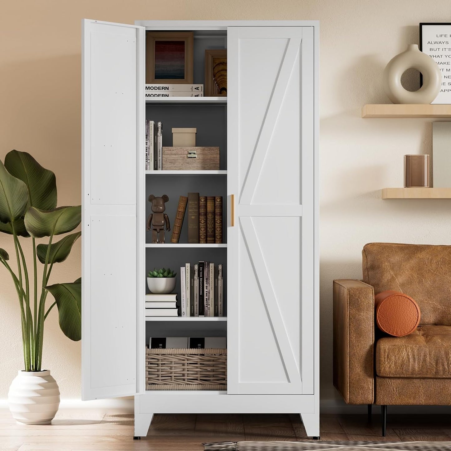 5 Tier Metal Farmhouse Storage Cabinet with Barn Doors and Shelves