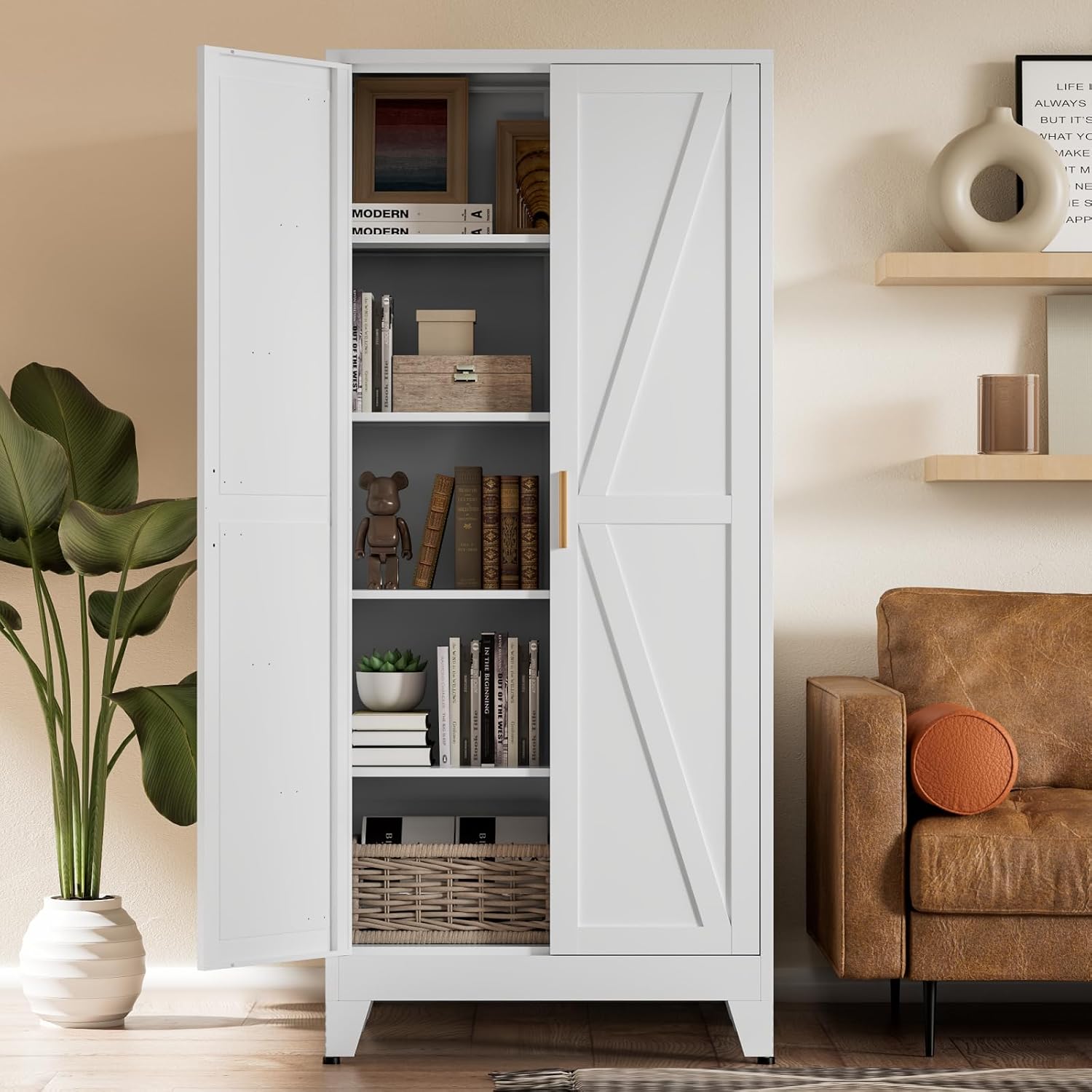 5 Tier Metal Farmhouse Storage Cabinet with Barn Doors and Shelves
