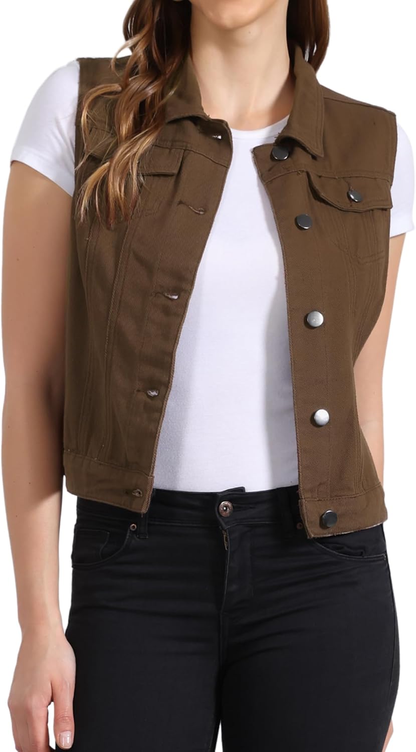 Allegra K Women's Buttoned Washed Denim Vest Jacket with Pockets