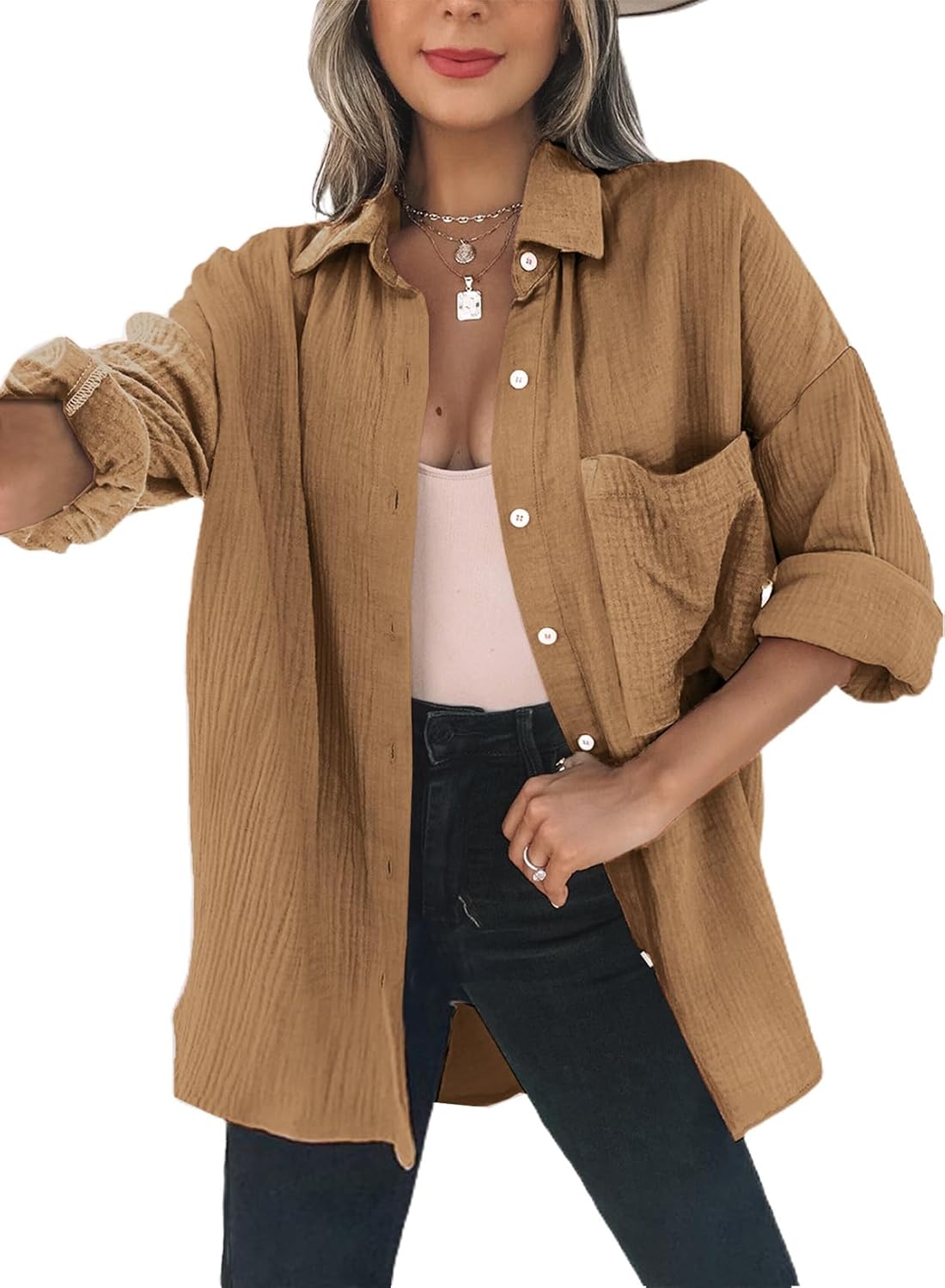 Dokotoo Womens Color Block Button Down Oversized Blouses Tops