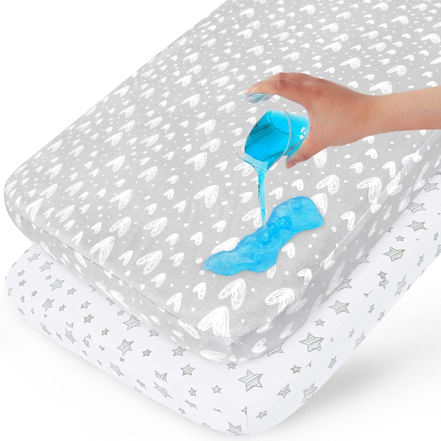 Biloban 100% Cotton Waterproof Pack n Play Sheets, 2 Pack - White & Grey Star Print