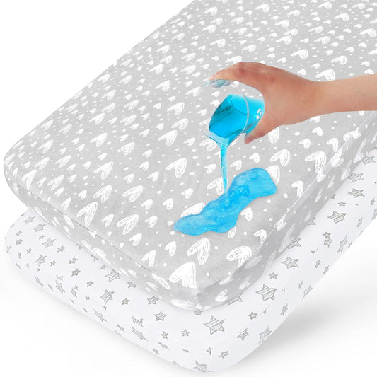 Biloban 100% Cotton Waterproof Pack n Play Sheets, 2 Pack - White & Grey Star Print
