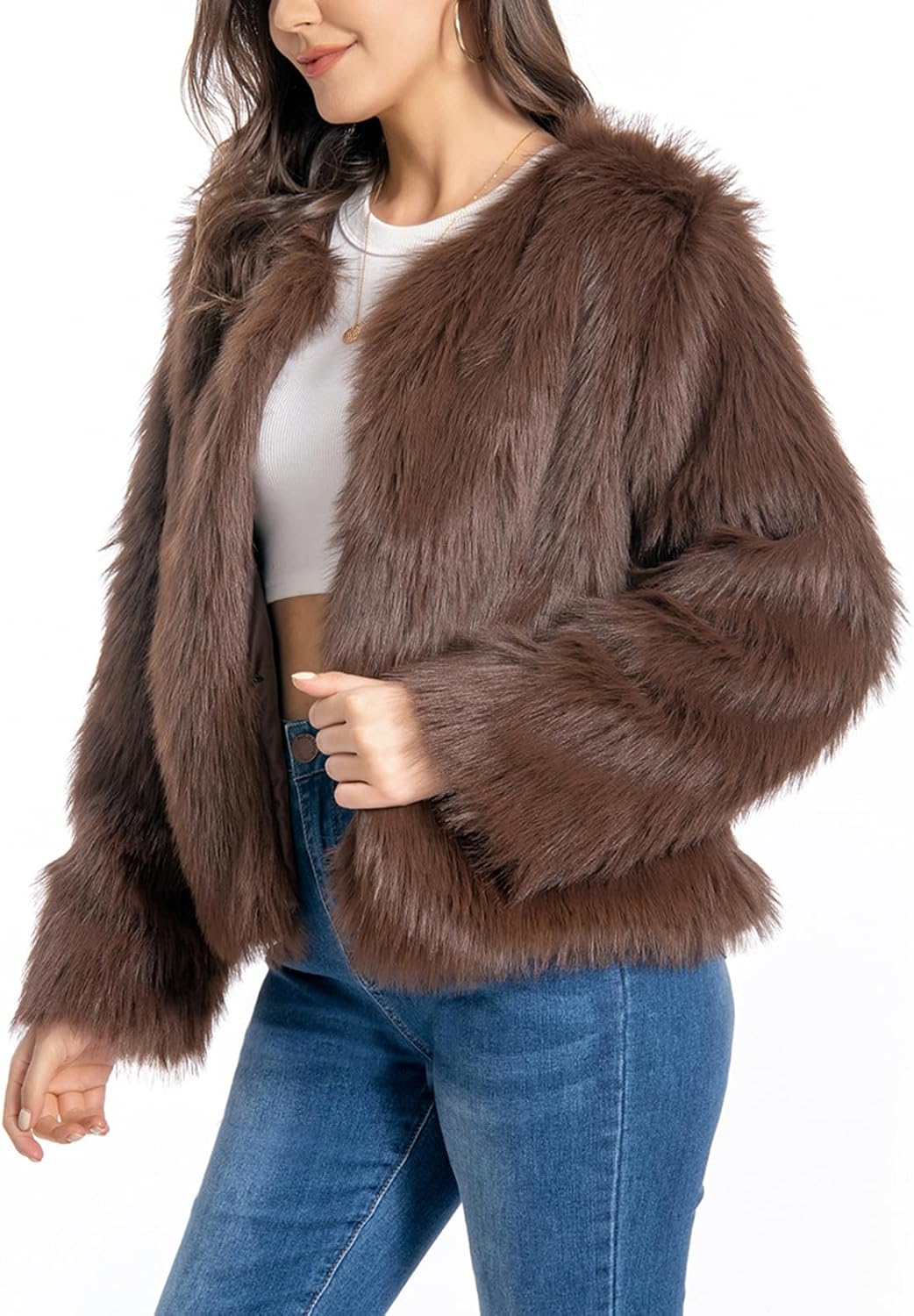 Faux Fuzzy Jacket for Women - Plus Size Winter Coat with Pockets