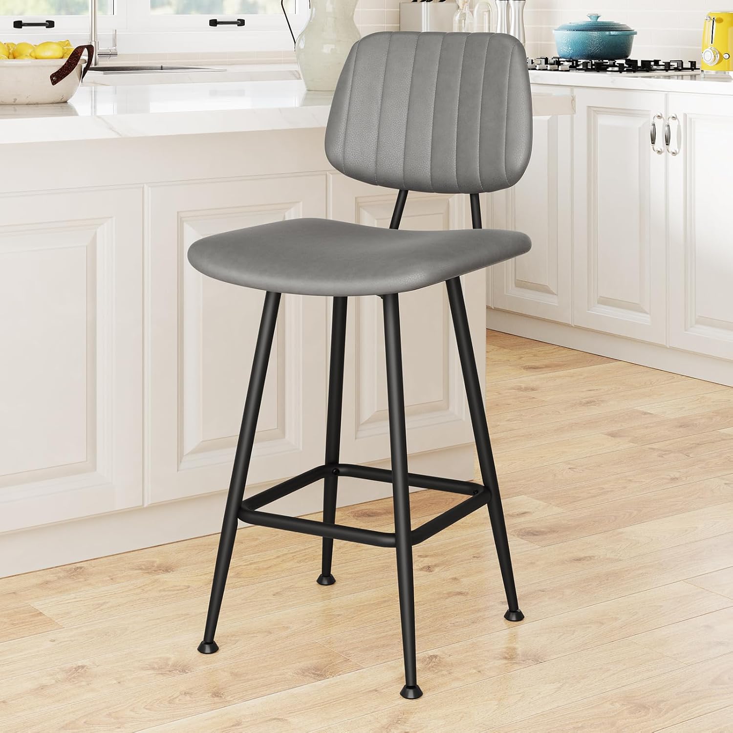 24-Inch Leather Bar Stools with High Backrest for Comfort