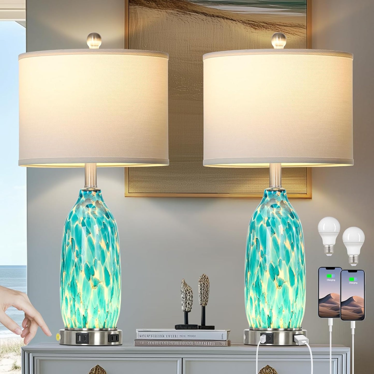 26 Peacock Green Glass Table Lamps Set of 2 with USB Ports