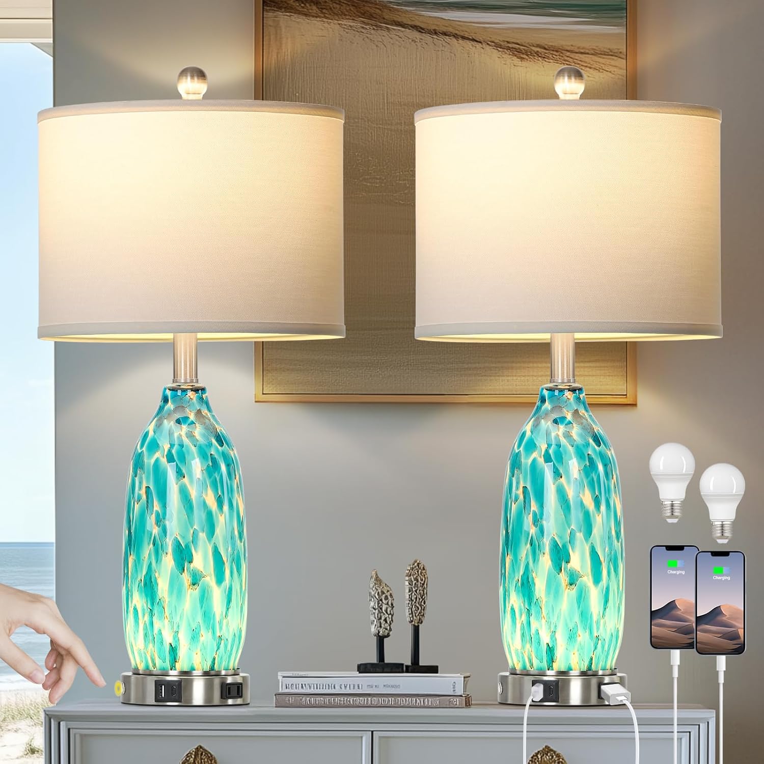 26 Peacock Green Glass Table Lamps Set of 2 with USB Ports