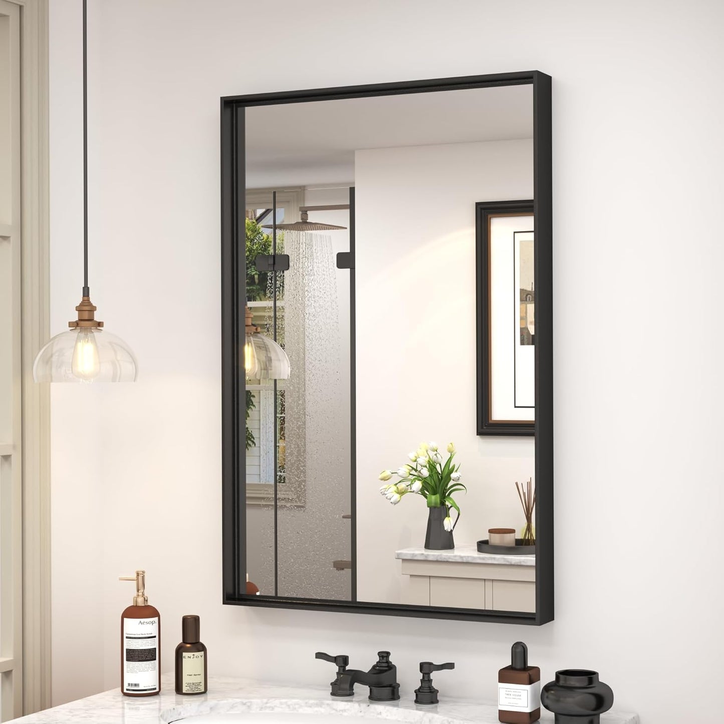 20x30 Inch Black Bathroom Mirror with Durable Matte Frame