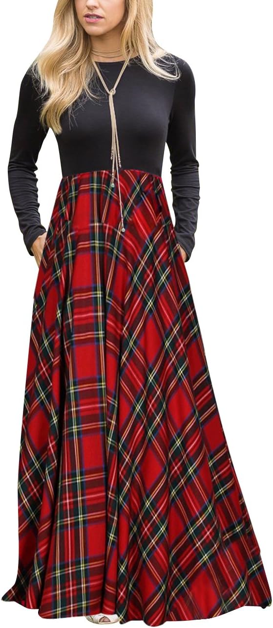 Stylish Women's Long Sleeve Plaid Maxi Dress with Pockets