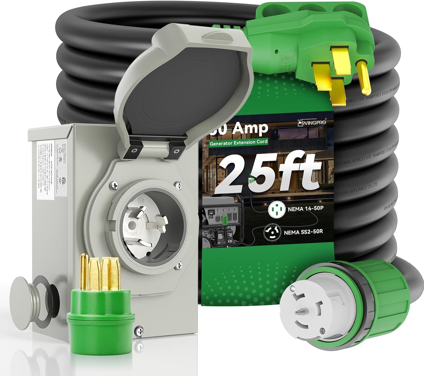 50 Amp Generator Cord and Inlet Box Combo Kit for RV Use