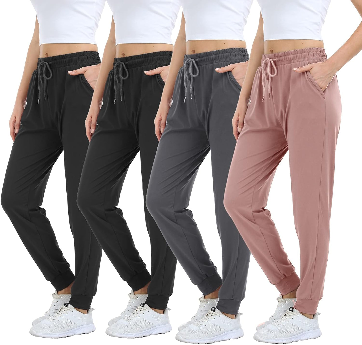 4 Pack Womens Joggers with Pockets for Comfy Travel and Leisure