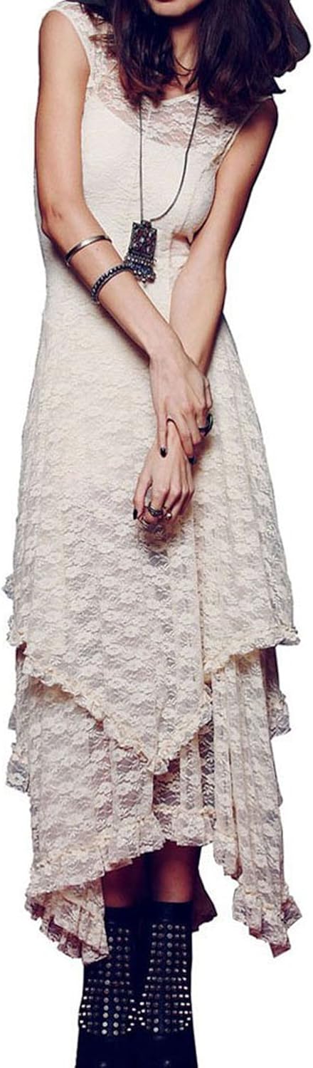 R.Vivimos Womens Sleeveless Backless Asymmetrical Lace Dress