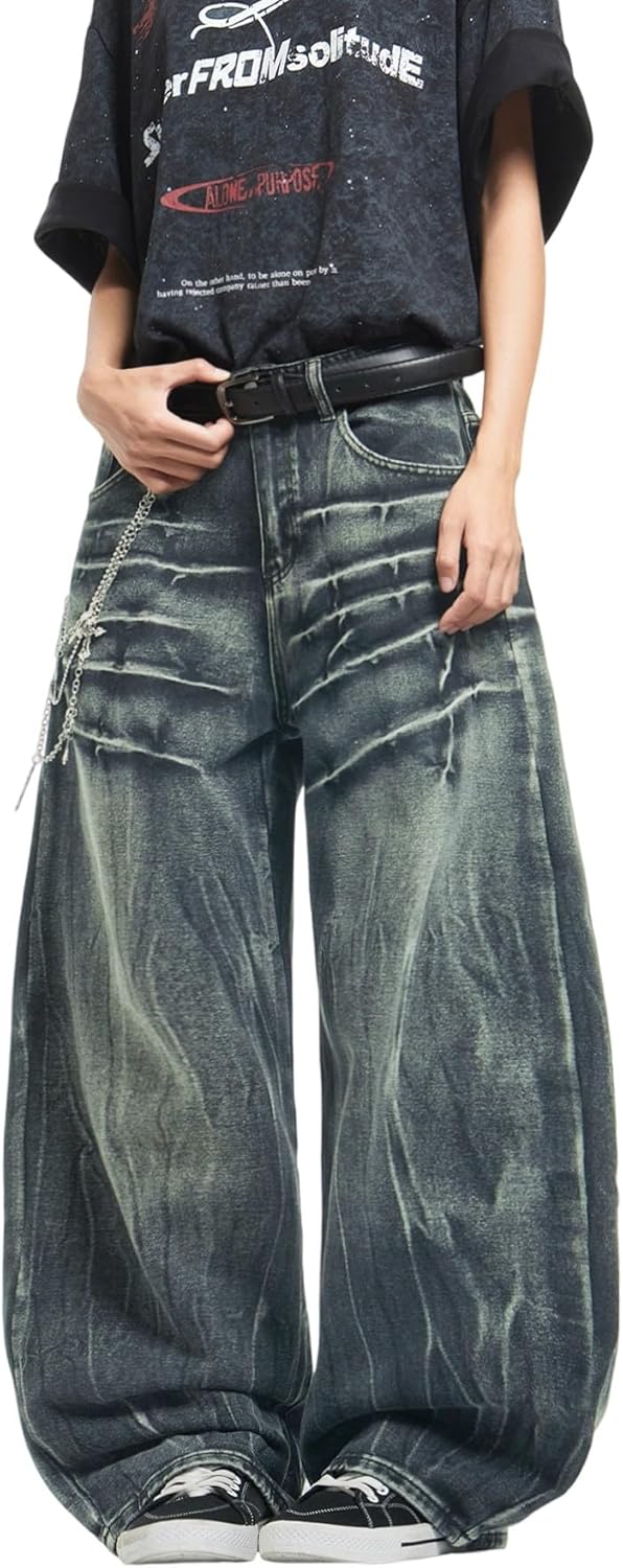 Mens Streetwear Baggy Jeans Wide Leg Skater Denim Pants