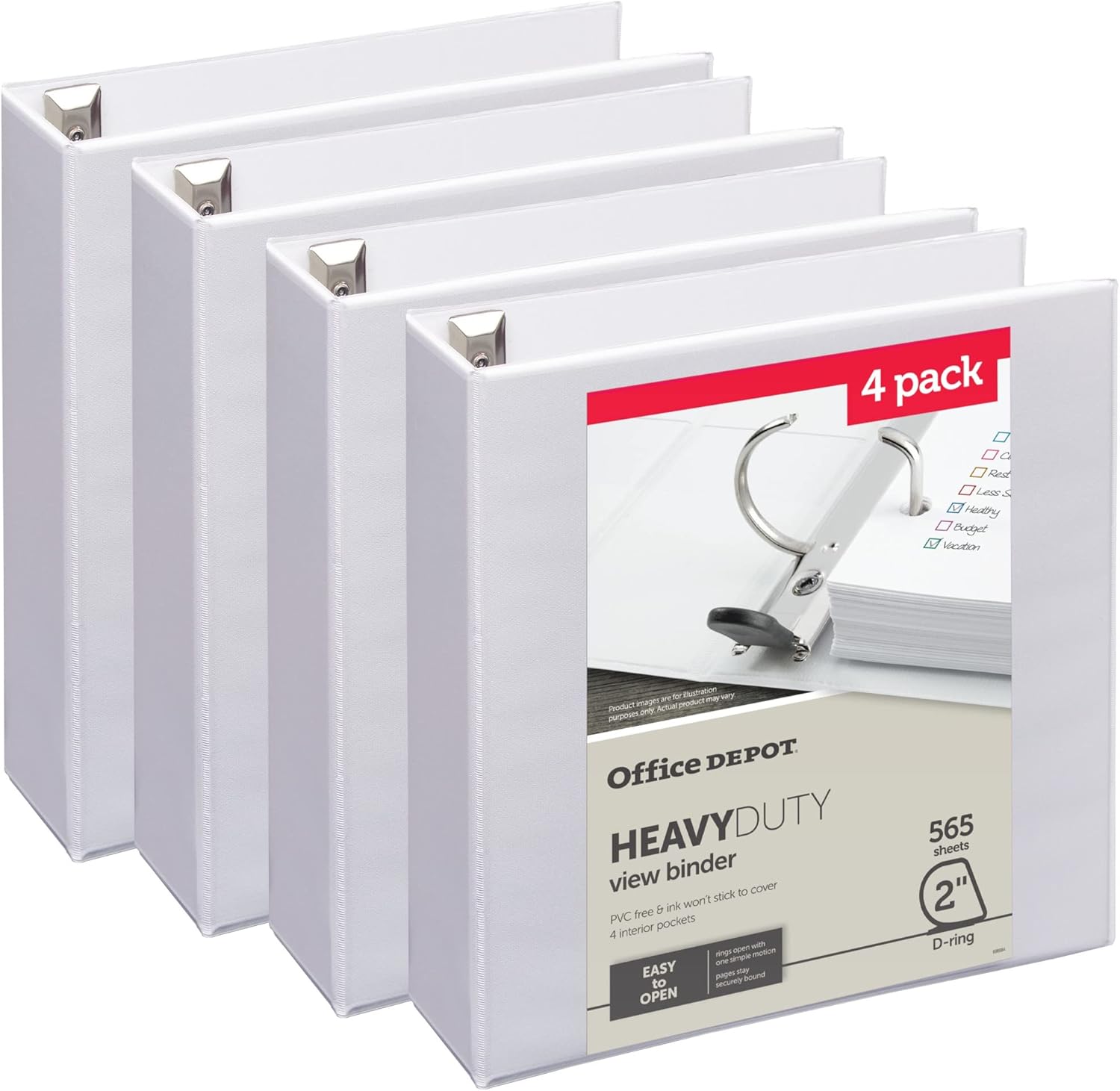 4-Pack Office Depot Heavy-Duty Binder, 2 D-Rings, White - 49% Recycled