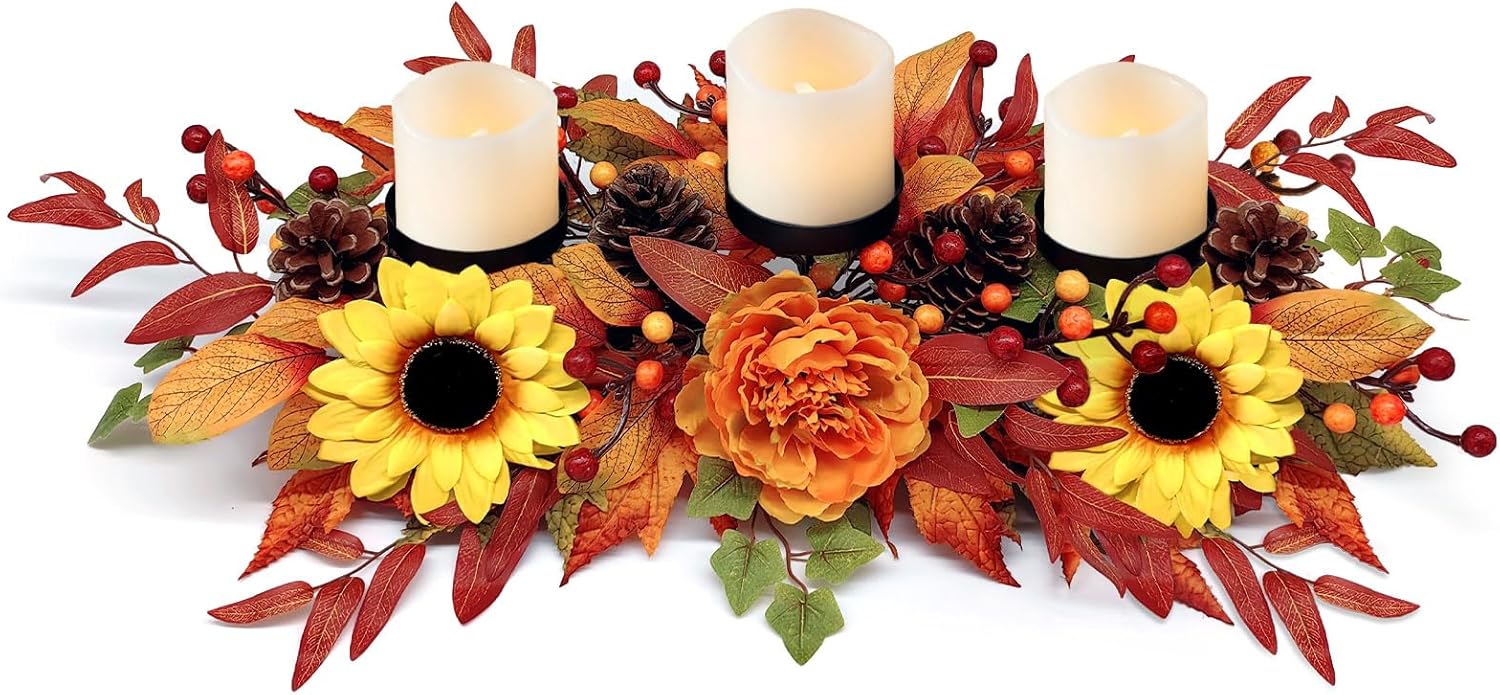 Thanksgiving Centerpiece with Sunflowers and Autumn Leaves Decor
