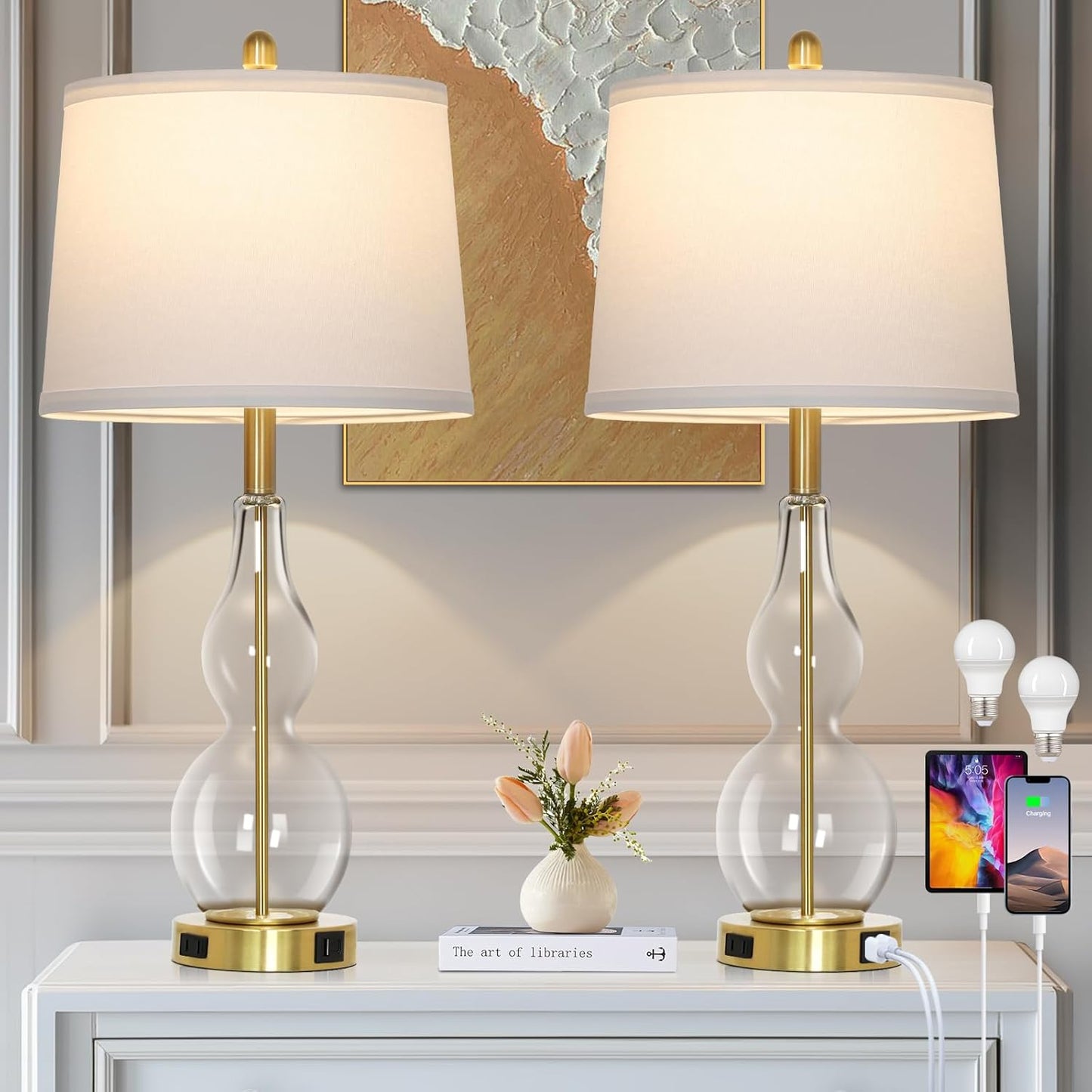 27.5in Clear Glass Table Lamp Set of 2 with USB Ports and AC Outlet