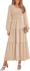 Fall Dresses for Women Smocked A Line Midi Dress - Flowy Fit