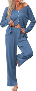 Ekouaer Womens Waffle Knit Pajamas Two-Piece Set - Soft, Breathable V