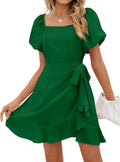 Womens Summer Square Neck Puff Sleeve Tie Waist Mini Dress