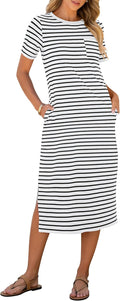 Womens Summer Casual Midi Dress Short Sleeve Crewneck Outfit