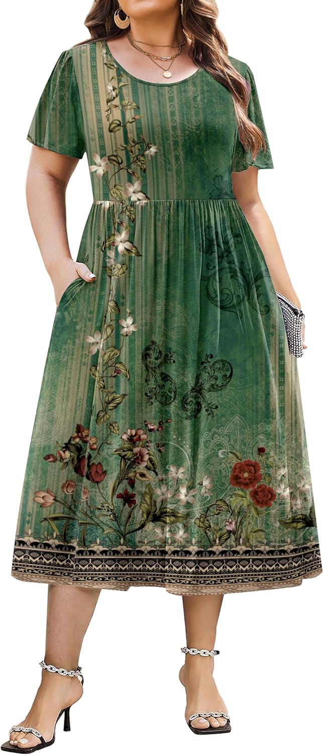 Plus Size Short Sleeve Casual A-Line Midi Dress with Pockets