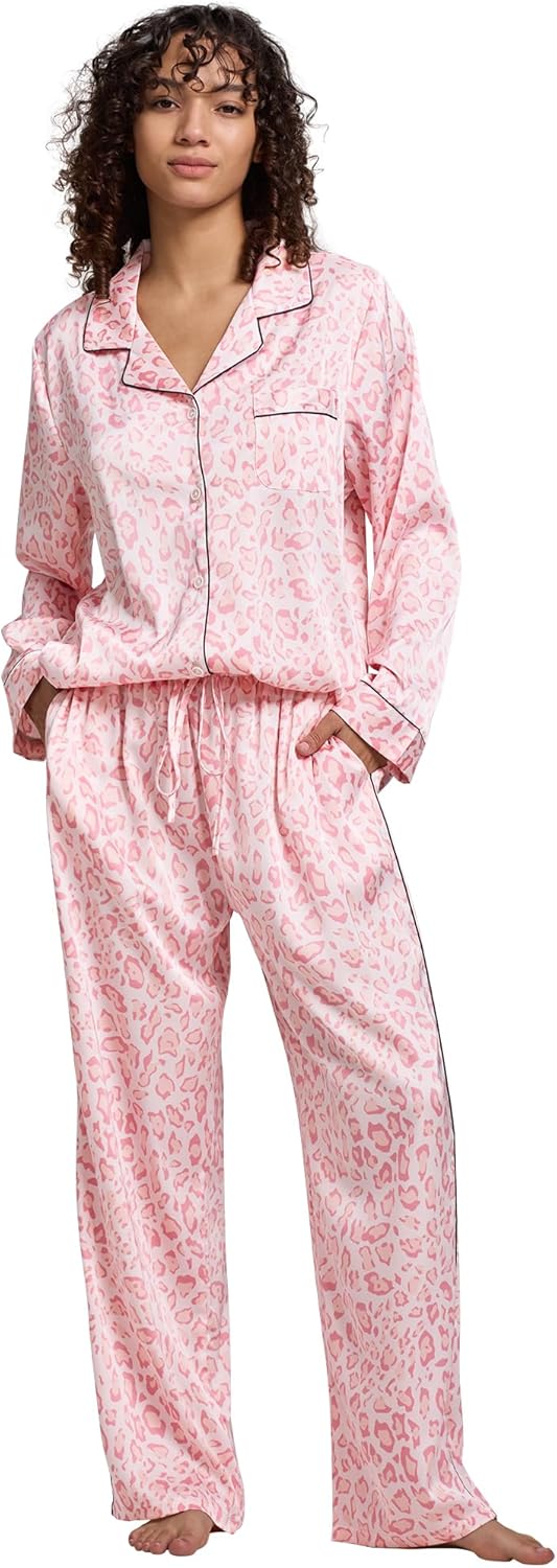 Womens Silk Satin Pajamas Set Button Down 2 Piece Pjs Long Sleeve