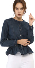 Peplum Denim Jacket Womens Round Neck Cropped Ruffle Hem - Stylish Fit