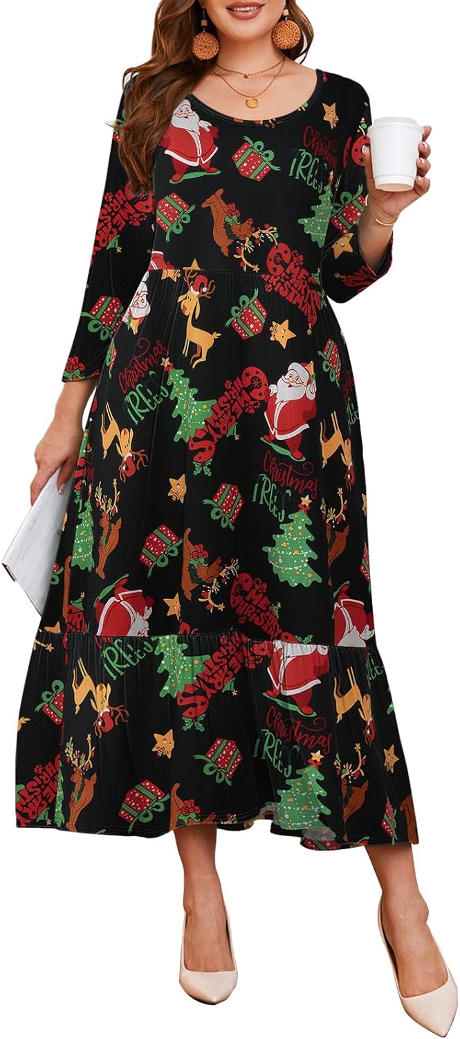 LARACE Plus Size 3/4 Sleeve Casual Maxi Dress with Pockets