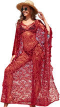 Beach Cover Up Boho Lace Kimono Plus Size Bikini Robe - Sheer V-Back