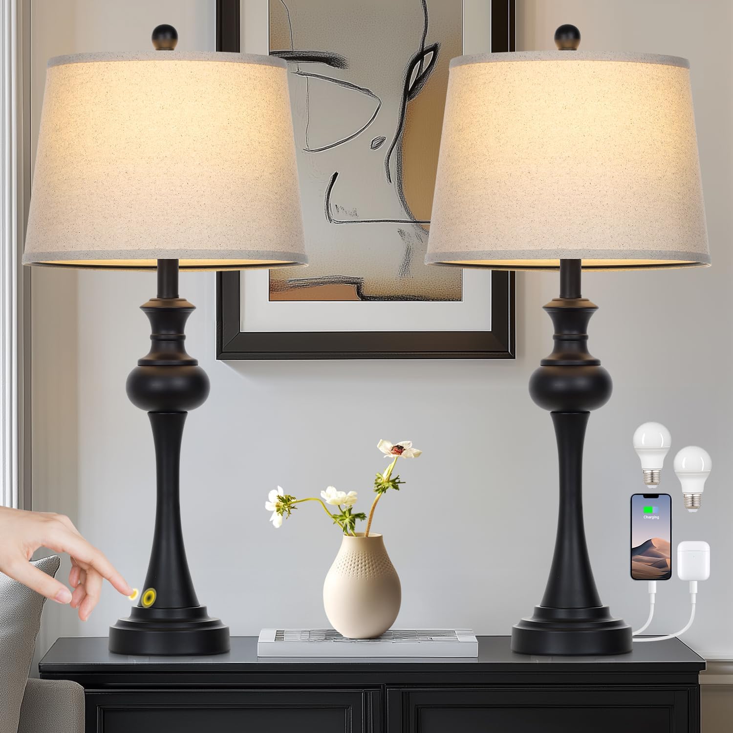 28.75in 3-Way Touch Control Modern Table Lamp Set of 2