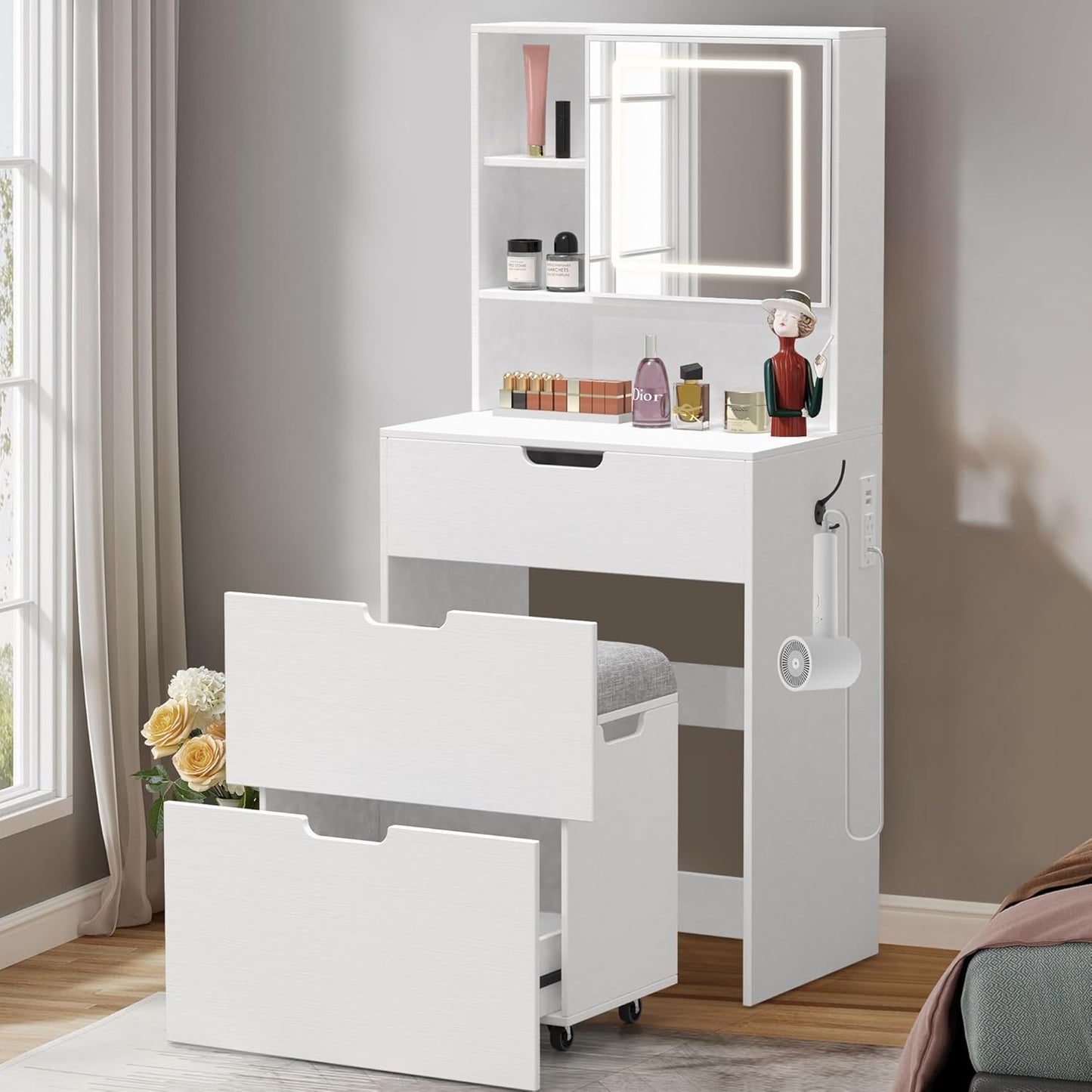 Compact Vanity Desk Set w/ Adjustable Lighted Mirror - GTFURNI