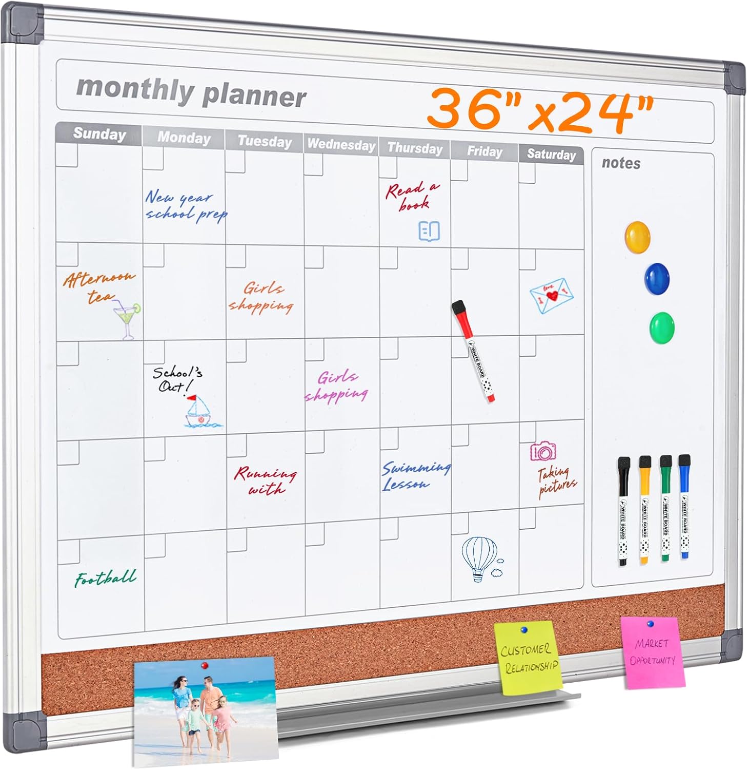 MAKELLO Dry Erase Calendar for Wall 36x24 in, Multi-Function Board