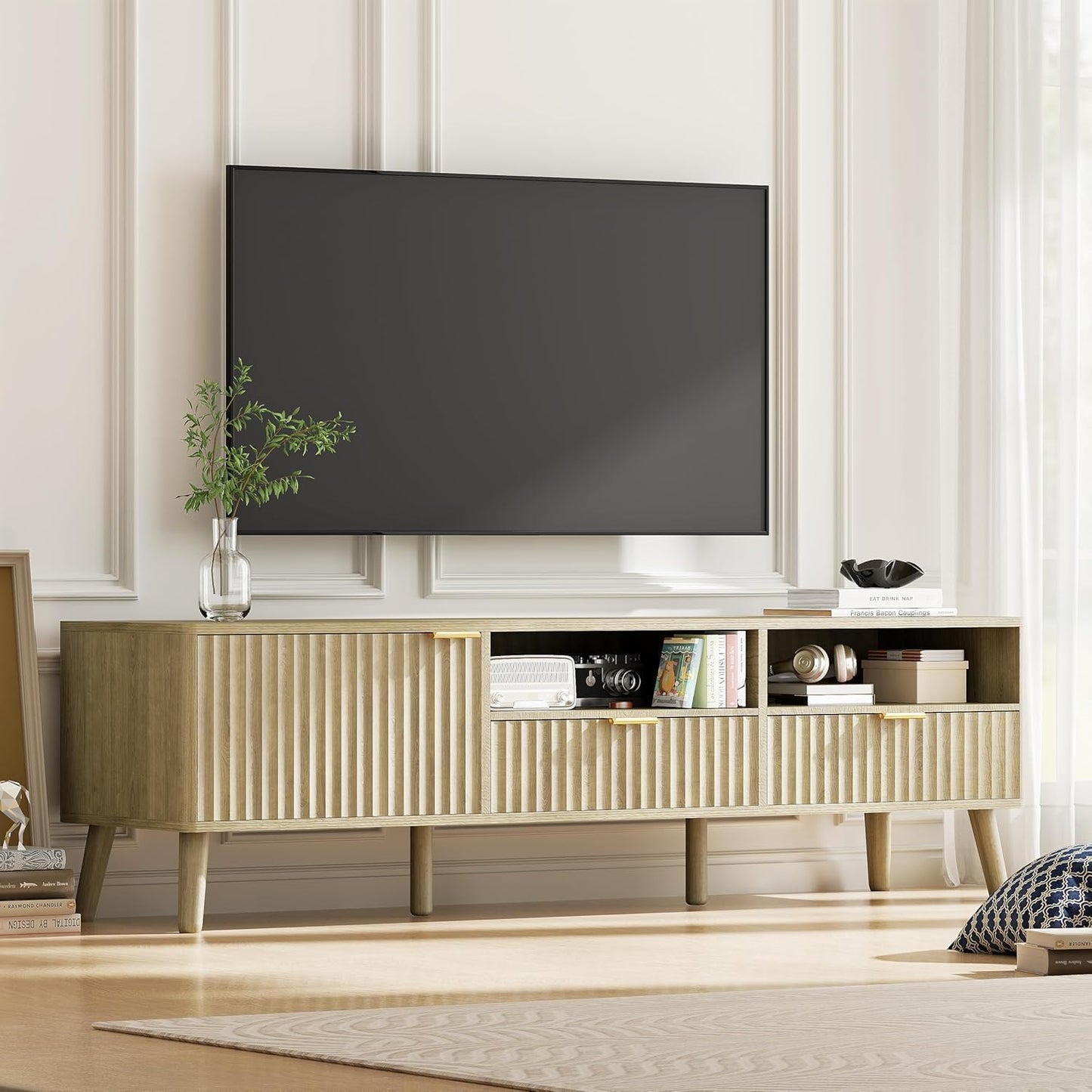 Mid Century Fluted TV Stand - 59'' Open Storage