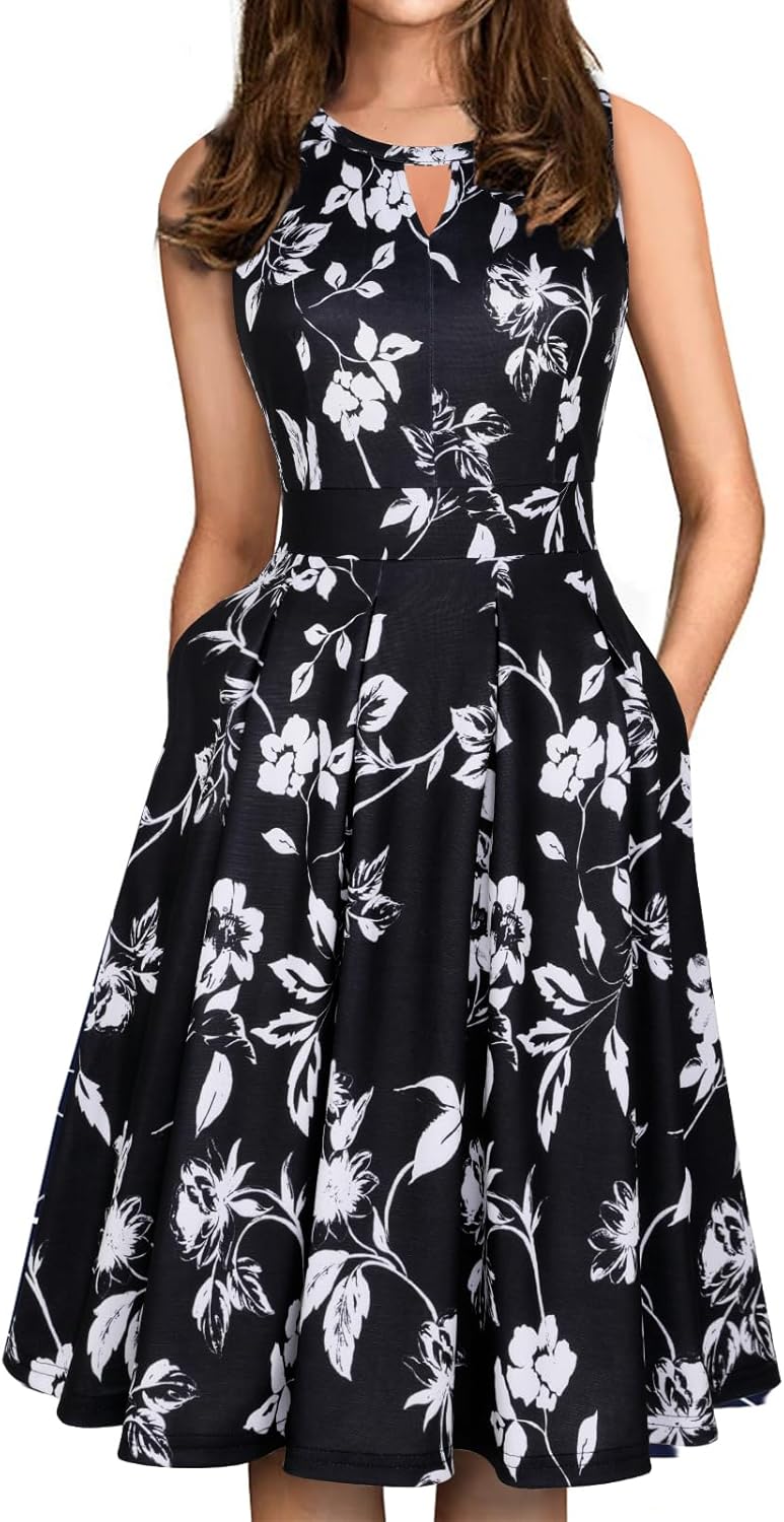 Sureple Women's Retro Sleeveless Swing Dress with Pockets
