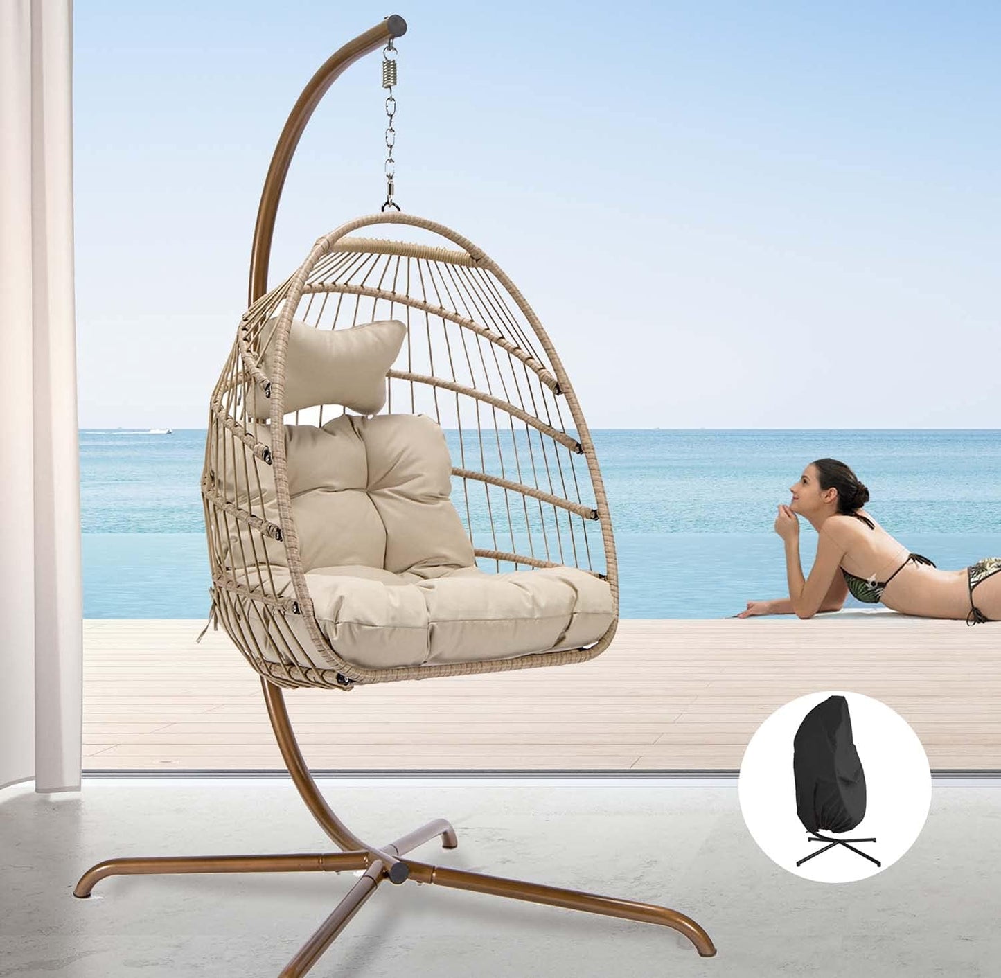NICESOUL Indoor Outdoor Wicker Hanging Egg Chair with Stand