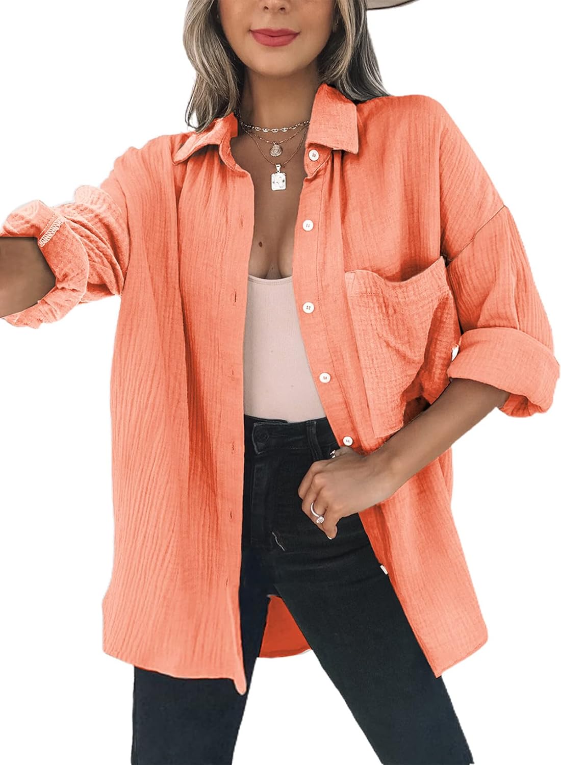 Dokotoo Womens Color Block Button Down Oversized Blouses