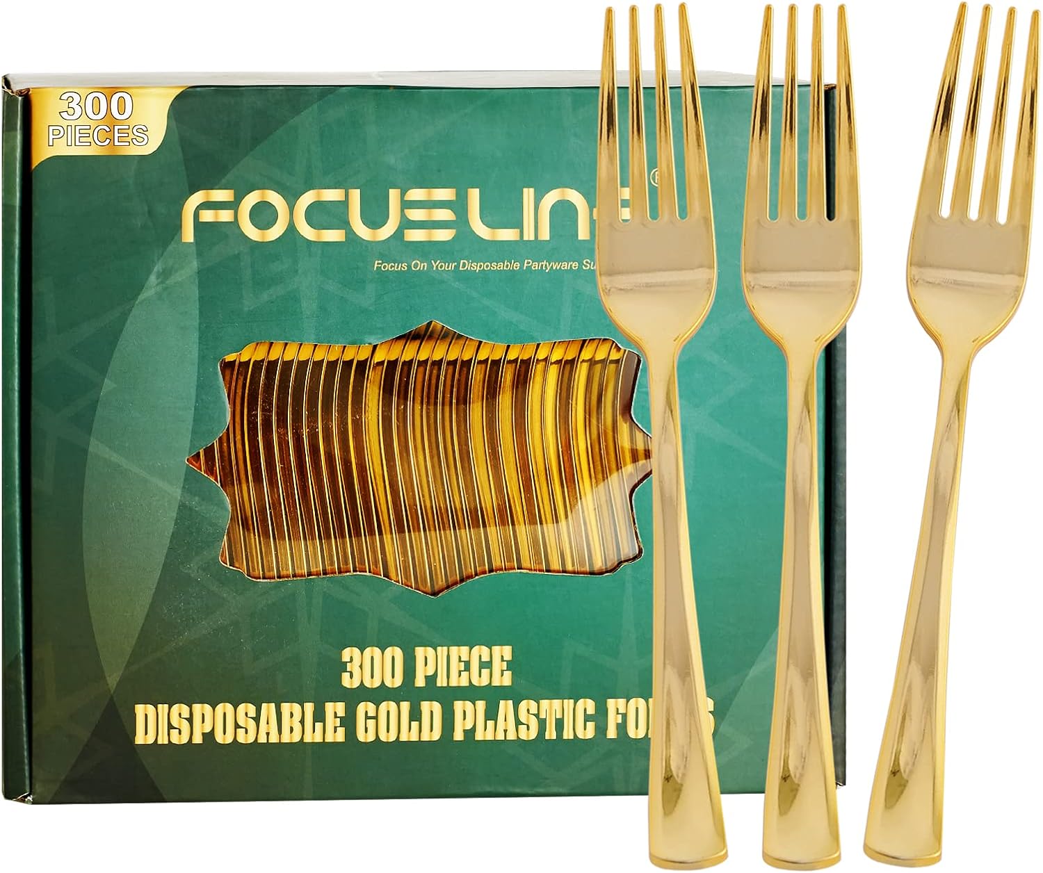 FOCUSLINE 300 Pack Disposable Gold Plastic Forks for Events